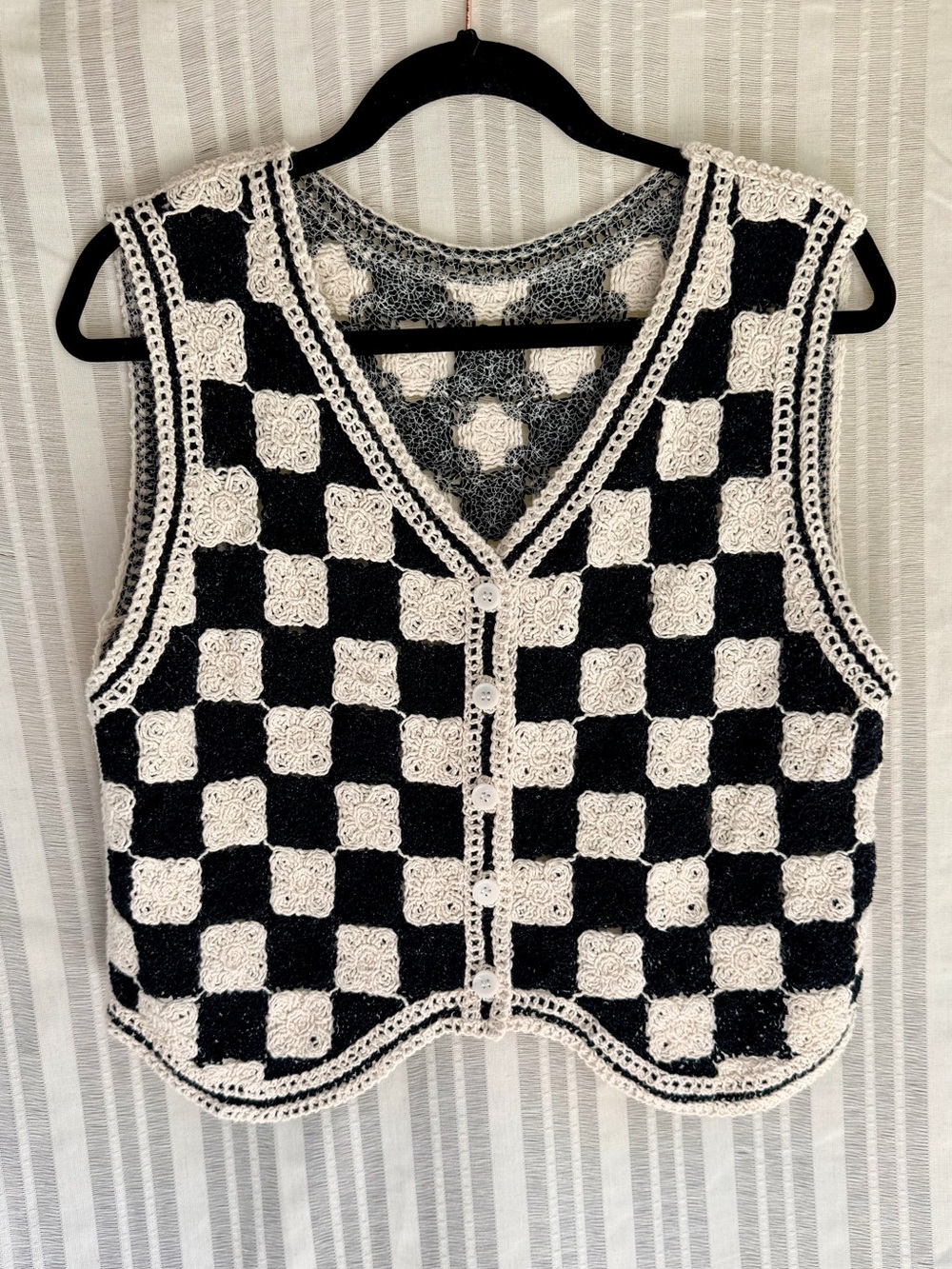 Black Cream Crochet Checkerboard Sweater Vest